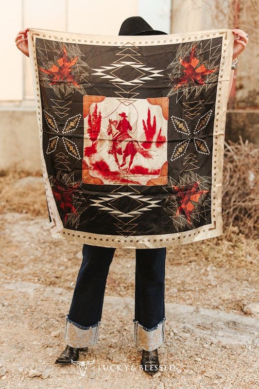 Black Aztec Boot stitch Cowboy Printed Wild Rag