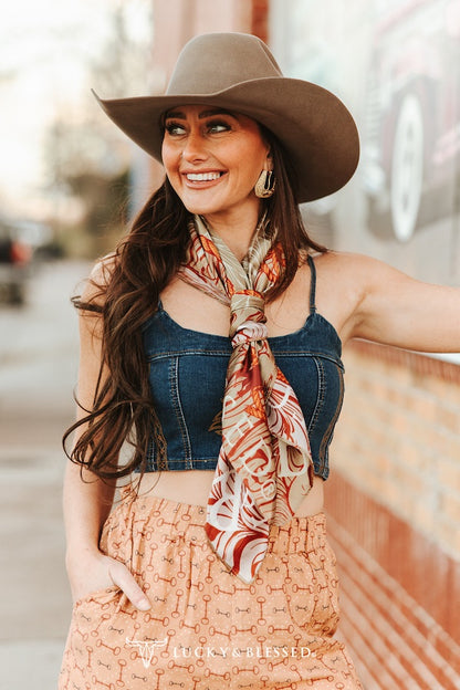Tooled Beige Cow Skull Printed Wild Rag