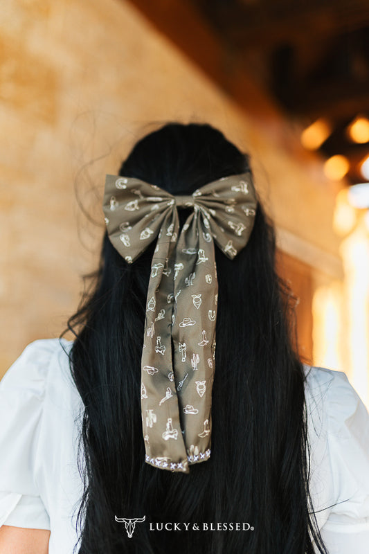 Taupe Western Contrast Printed Hair Clip Bow