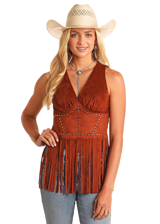 ROCK & ROLL BROWN STUDDED MICROSUEDE FRINGE TOP
