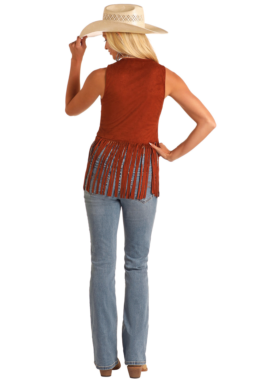 ROCK & ROLL BROWN STUDDED MICROSUEDE FRINGE TOP