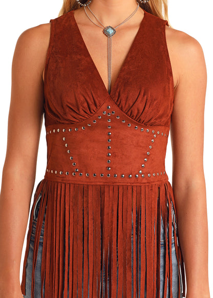 ROCK & ROLL BROWN STUDDED MICROSUEDE FRINGE TOP