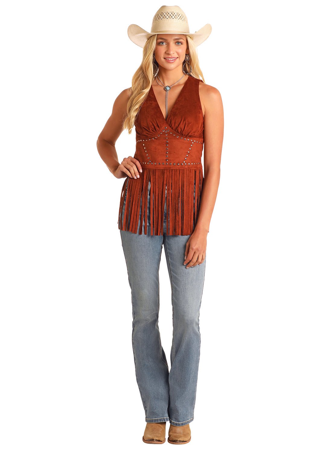 ROCK & ROLL BROWN STUDDED MICROSUEDE FRINGE TOP