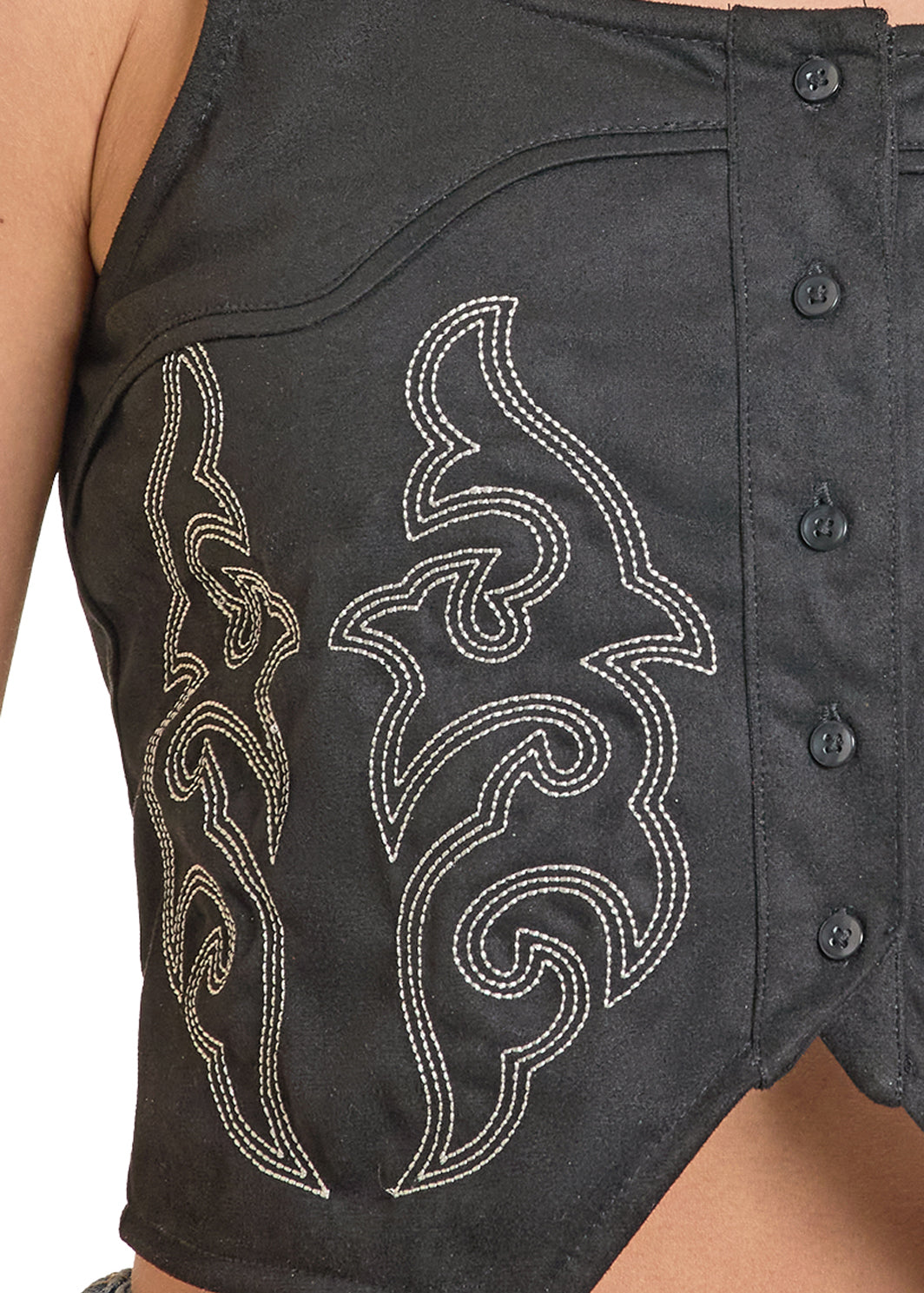 Rock & Roll Denim Black Embroidered Microsuede Top