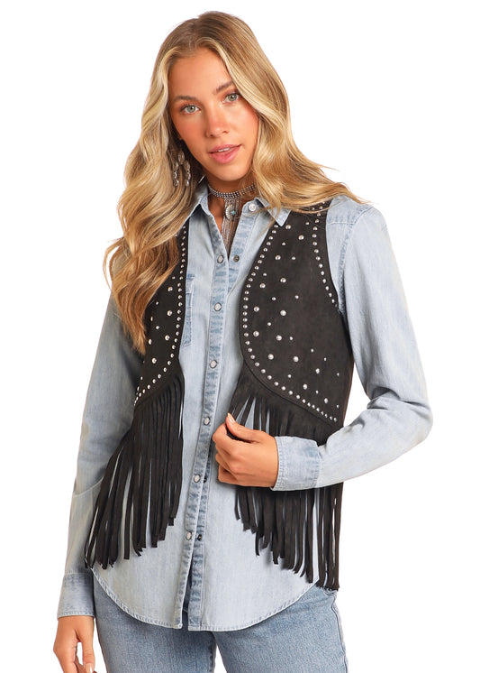 ROCK & ROLL BLACK STUDDED FRINGE VEST