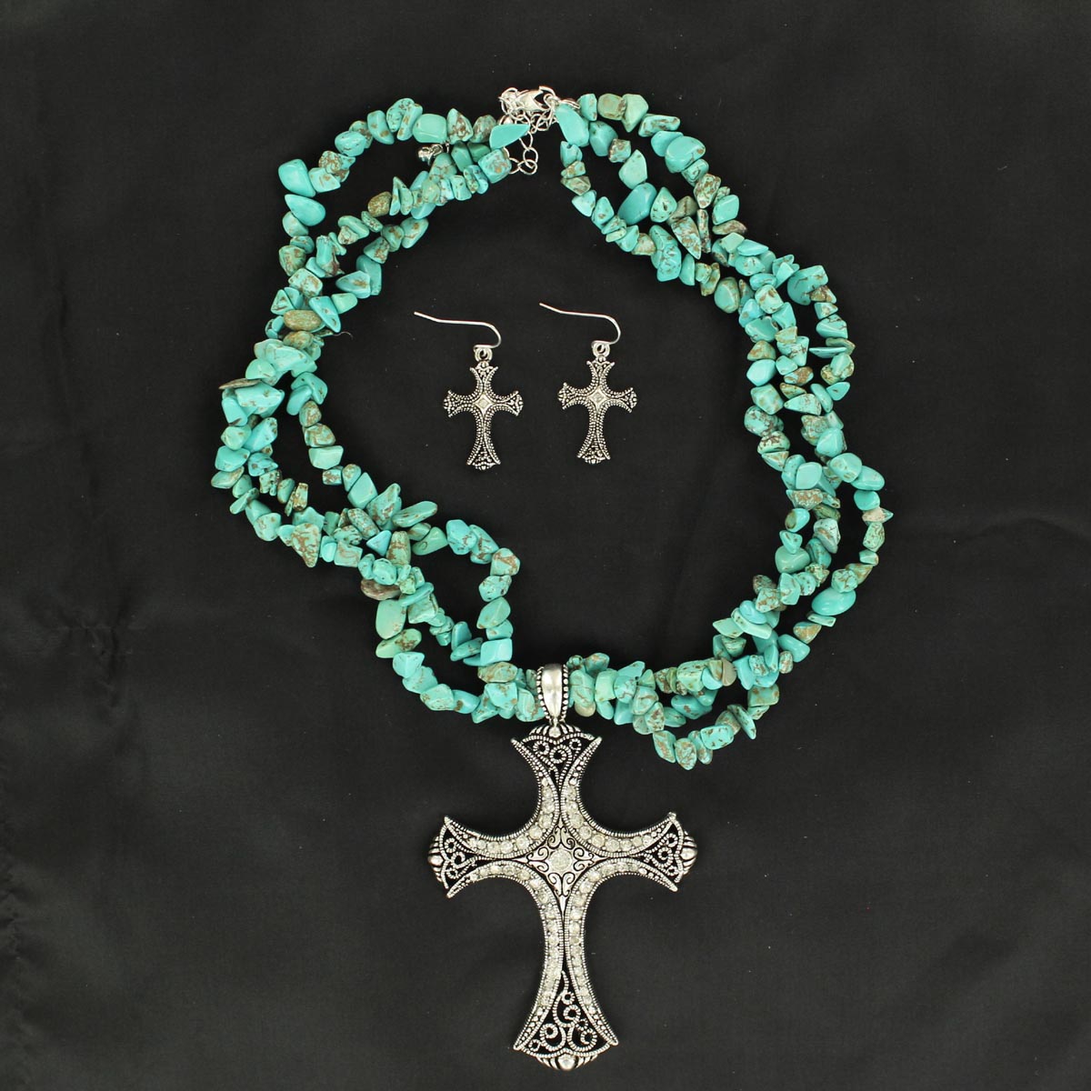BLAZIN ROXX NECKLACE SET SIILVER CROSS PENDANT TURQUOISE ROCK