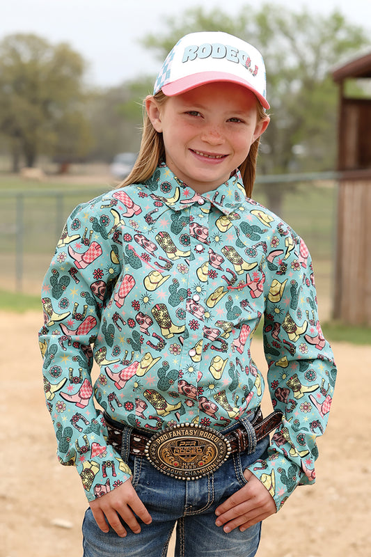 Cruel Denim Girl's Aquifer Blue Cowgirl Print Shirt