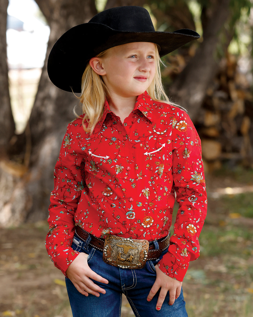 Cruel Denim Girls' Red Floral Long Sleeve Shirt