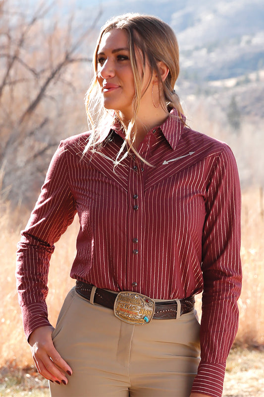 Cruel Denim Burgundy Gold Stripe Long Sleeve Shirt