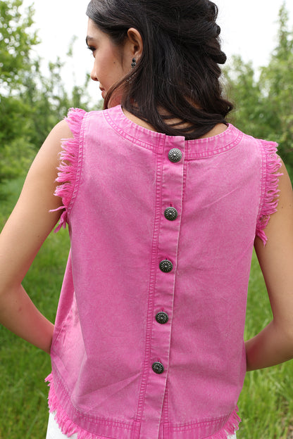 Cruel Denim Pink Mineral Wash Denim Concho Button Back Sleeveless Raw Hem Tank Top
