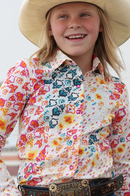 Cruel Denim Girl's Cream Bold Abstract Print Rhinestone Snap Long Sleeve Western Shirt