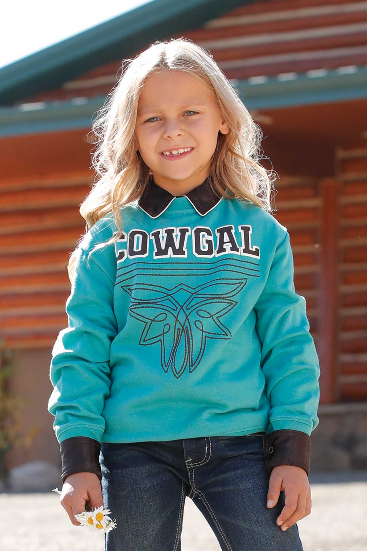 Cruel Denim Turquoise 'CowGal' Boot Stitch Embroidered Pullover Sweatshirt