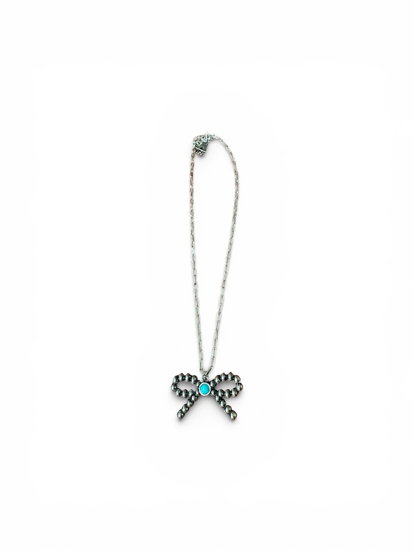 Silver Bow Dot Turquoise Gem Necklace