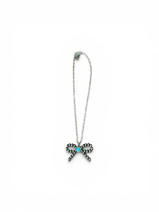 Silver Bow Dot Turquoise Gem Necklace