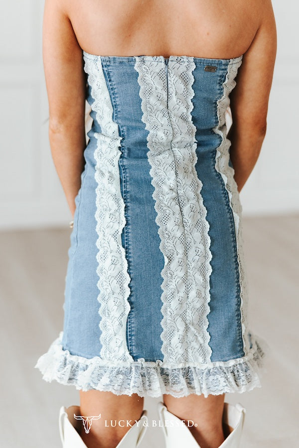 Strapless Stretch Denim Corset Lace Detail Denim Dress