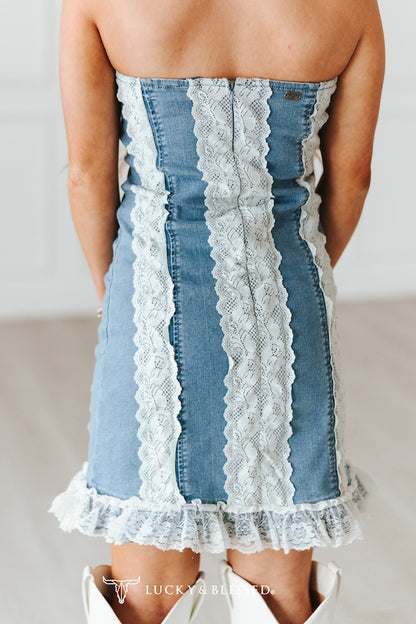 Strapless Stretch Denim Corset Lace Detail Denim Dress