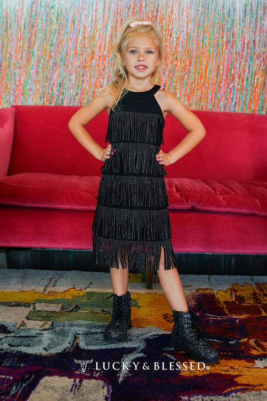 Black Rhinestones Fringe Tier Girl's Dress