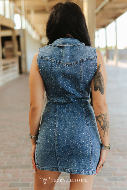 Dark Stone Wash Rhinestone Sleeveless Western Shirt Dress