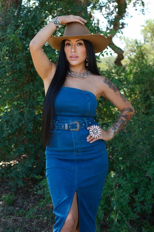 Denim Stretch Corset Slit Hem Dress