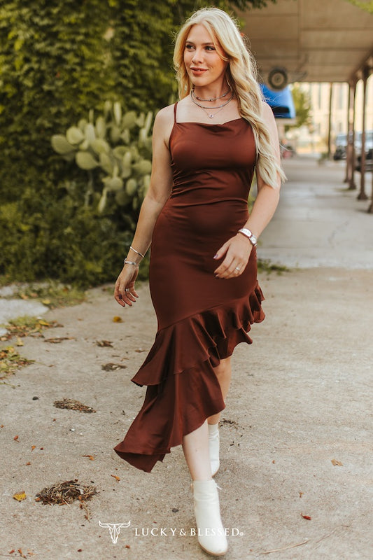 Brown Satin Halter Ruffle Slit Hem Dress