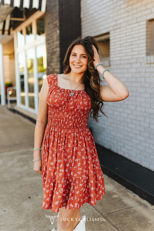 Rust Cattle Brand Printed Thick Strap Flutter Dress