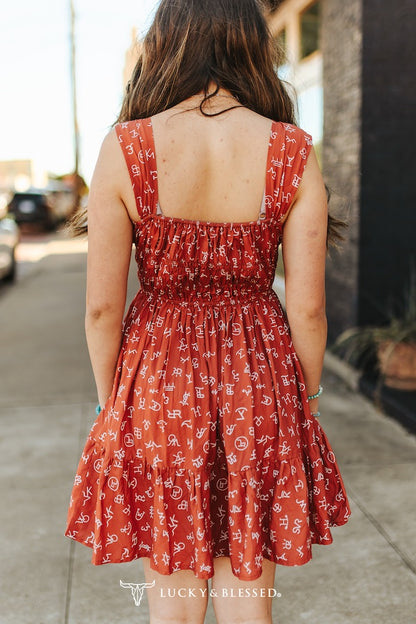 Rust Cattle Brand Printed Thick Strap Flutter Dress