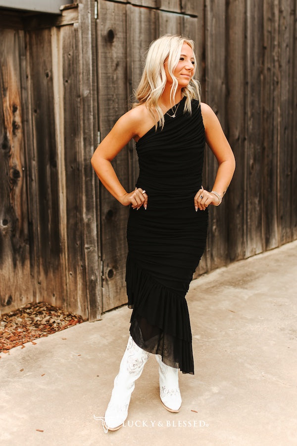 Black One Shoulder Wrapped Ruffle Tier Dress