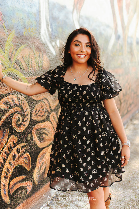 Black Cattle Brand Printed Puff Short Sleeve Flutter Dress