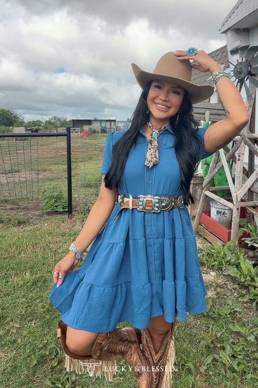 Denim Blue Puff Sleeve Western Ruffle Tier Contrast Piping Yoke Dress