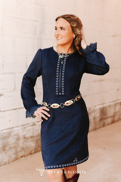 Navy Blue Suede Embroidered Horseshoe Dress