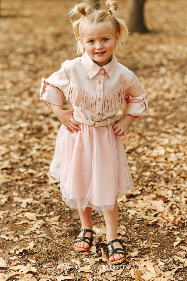 Girls Soft Pink Western Fringe Button Down Tulle Dress