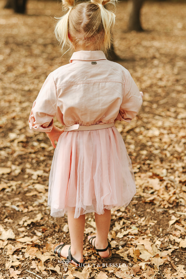 Girls Soft Pink Western Fringe Button Down Tulle Dress