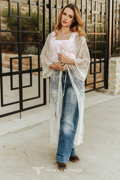 Ivory Western Embroidered Mesh Lace Duster