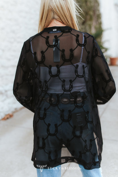 Black Horseshoe Burnout Mesh Western Kimono
