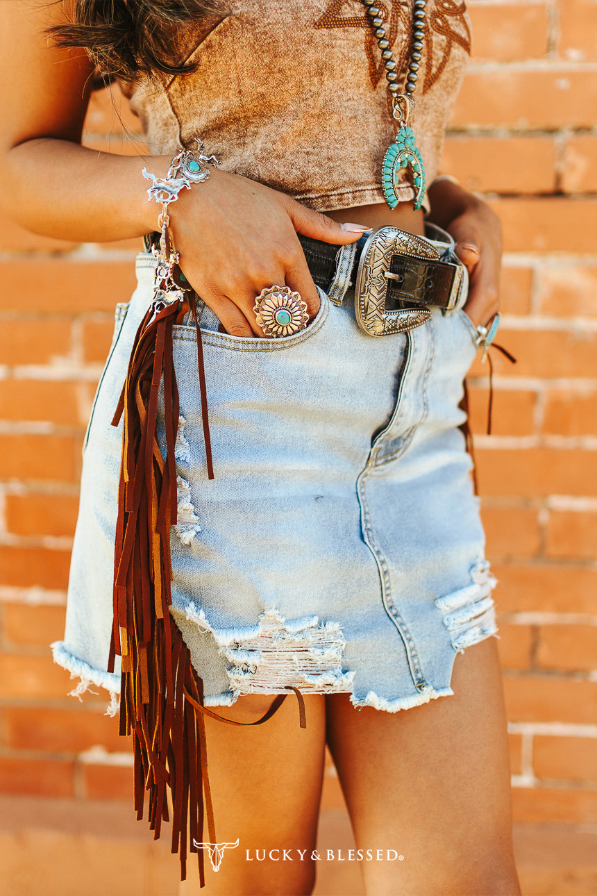 Light Wash Denim Distressed Skirt With Fringe