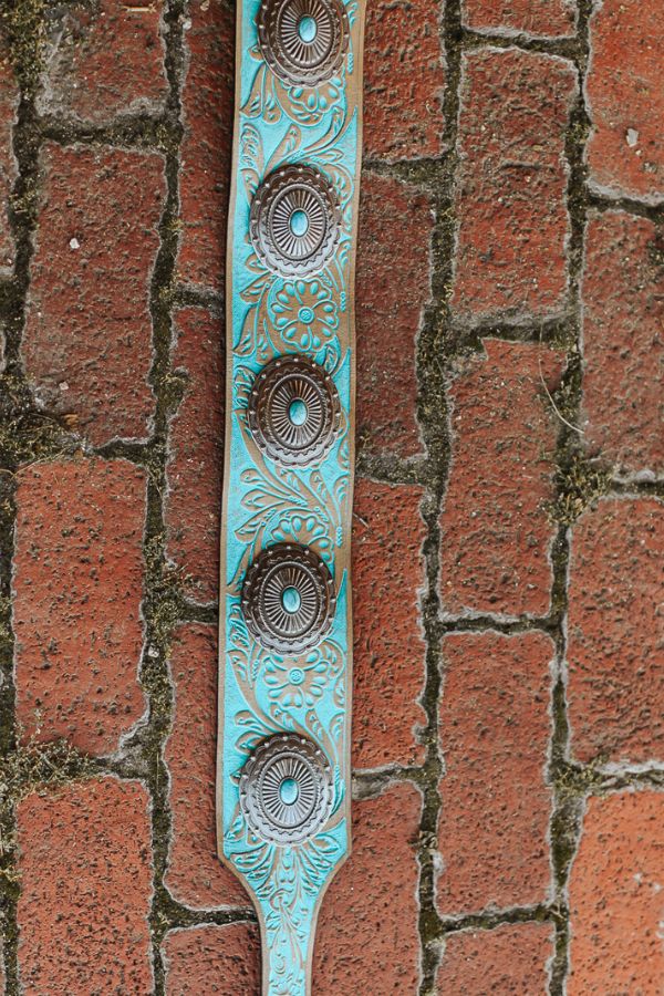 Turquoise Beige Tooled Leather Conho Wide Concho Belt
