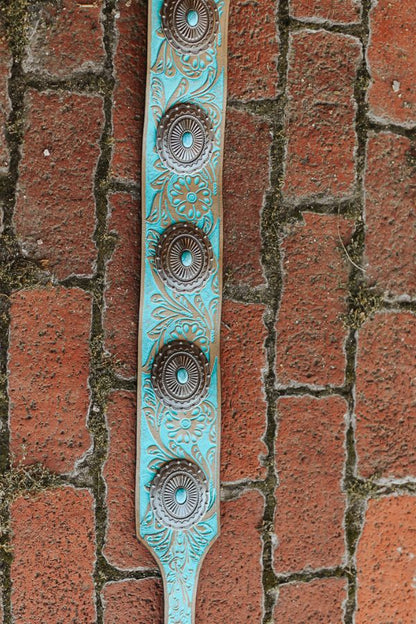Turquoise Beige Tooled Leather Conho Wide Concho Belt