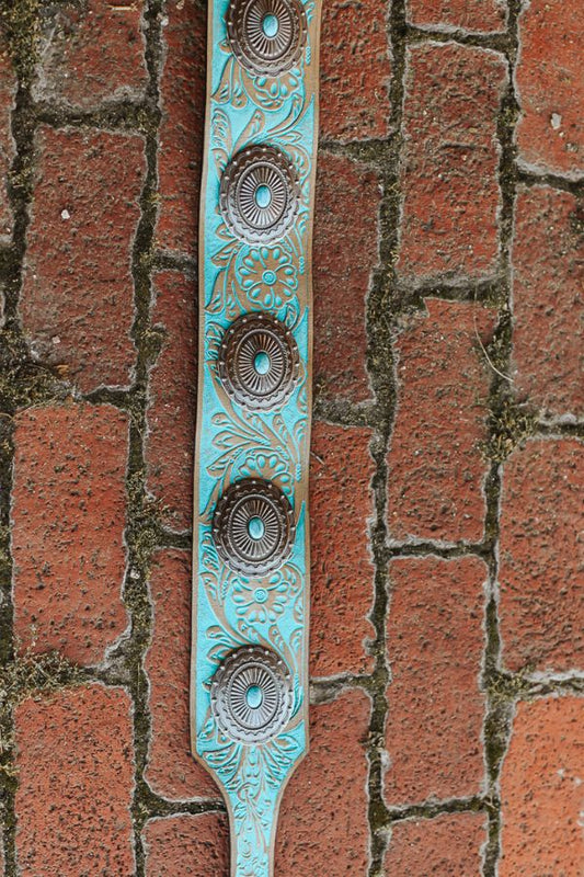 Turquoise Beige Tooled Leather Conho Wide Concho Belt