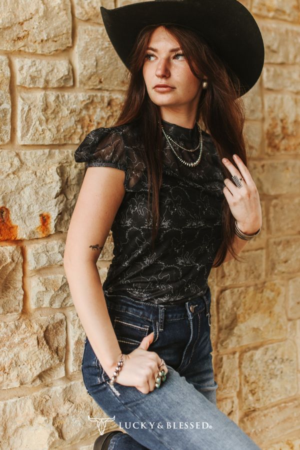 Horse Printed Puff Short Sleeve Mesh Top