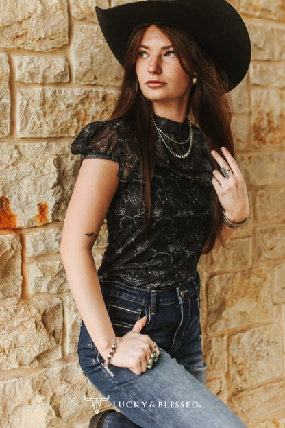 Horse Printed Puff Short Sleeve Mesh Top