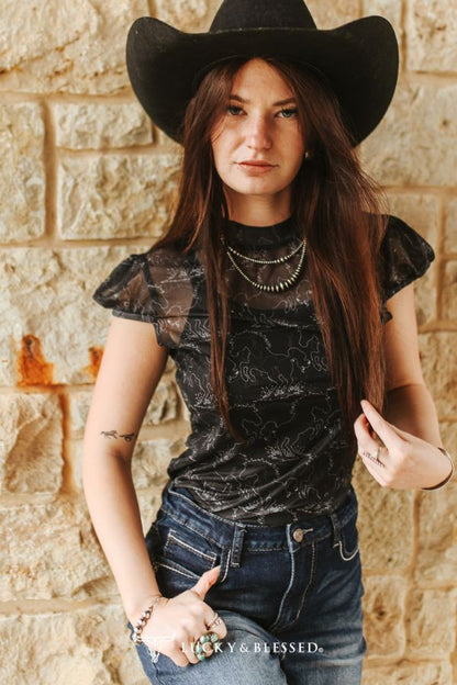 Horse Printed Puff Short Sleeve Mesh Top