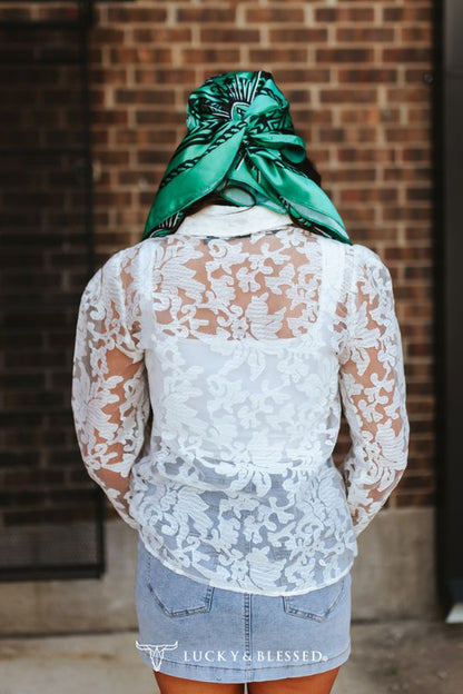 Ivory Lace Puff Sleeve Button Down Collared Top