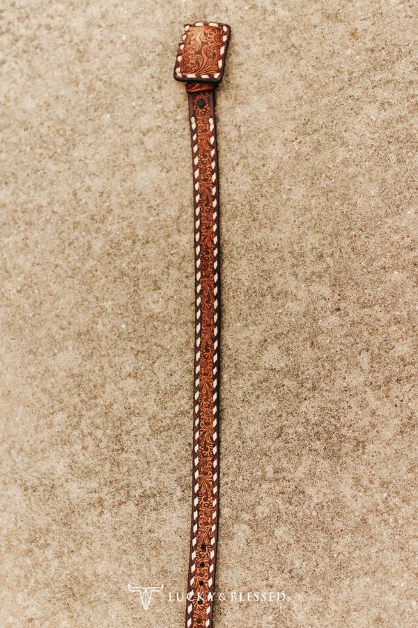 Brown Tooled Western Leather Belt With Floral Detail