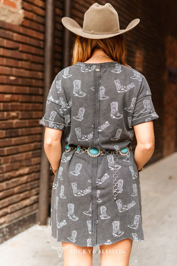 Grey Charcoal Mineral Washed Western Boots Printed Dress