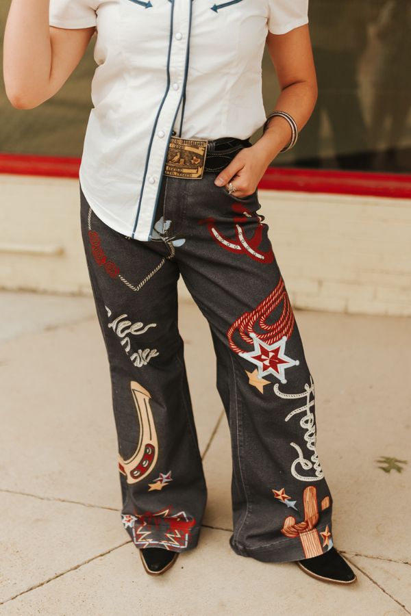 Charcoal Western Printed Howdy High Rise Wide Leg Jeans