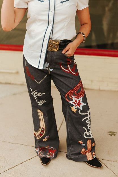 Charcoal Western Printed Howdy High Rise Wide Leg Jeans