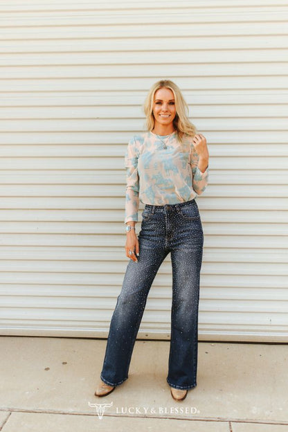 Mid Wash Rhinestone Studded Mid Rise Western Flare Jeans