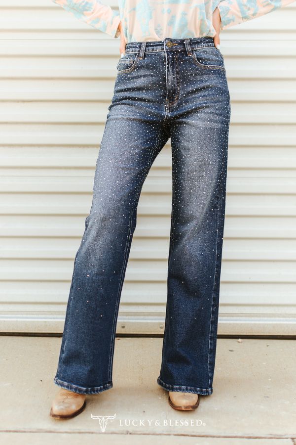 Mid Wash Rhinestone Studded Mid Rise Western Flare Jeans