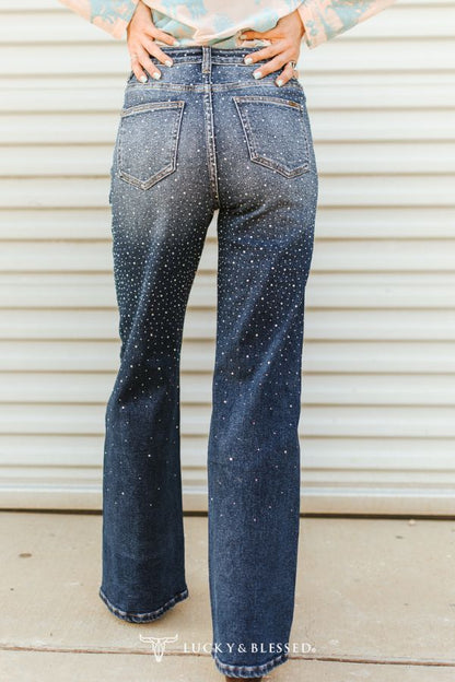 Mid Wash Rhinestone Studded Mid Rise Western Flare Jeans