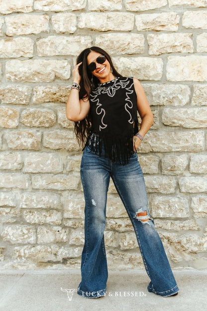 Black Suede Boot-stitch Embroidered Tank Fringe Hem
